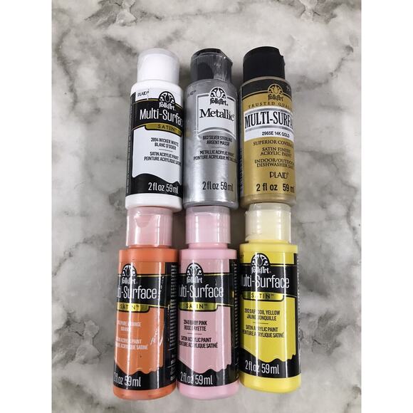 FolkArt Plaid MultiSurface Satin Acrylic Paint 2 Fl Oz Bundle 6Pk 14 GOLD, SILVE - Picture 1 of 3